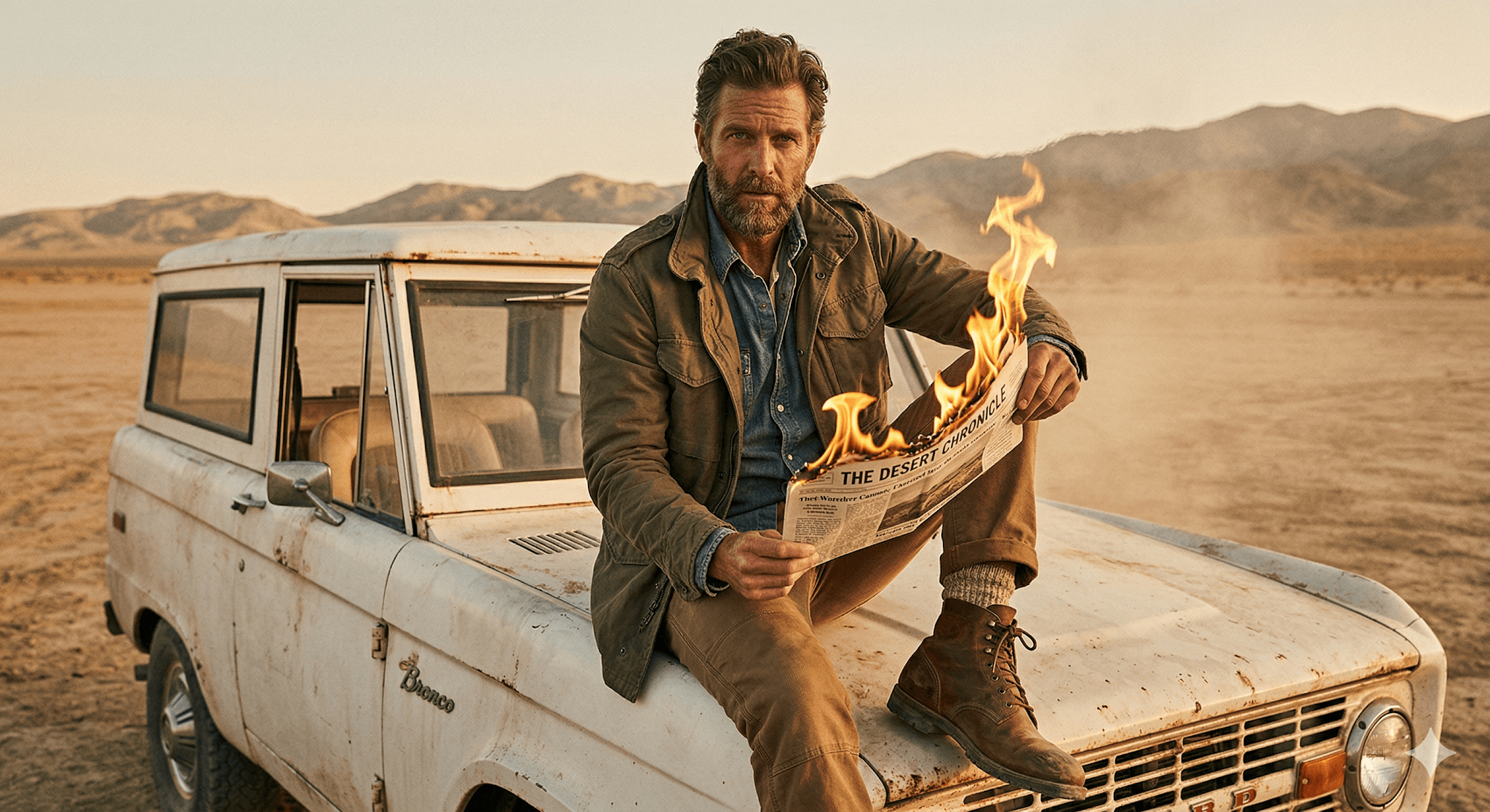 Editorial Rugged Bearded Man Seated On The Hood Of preview