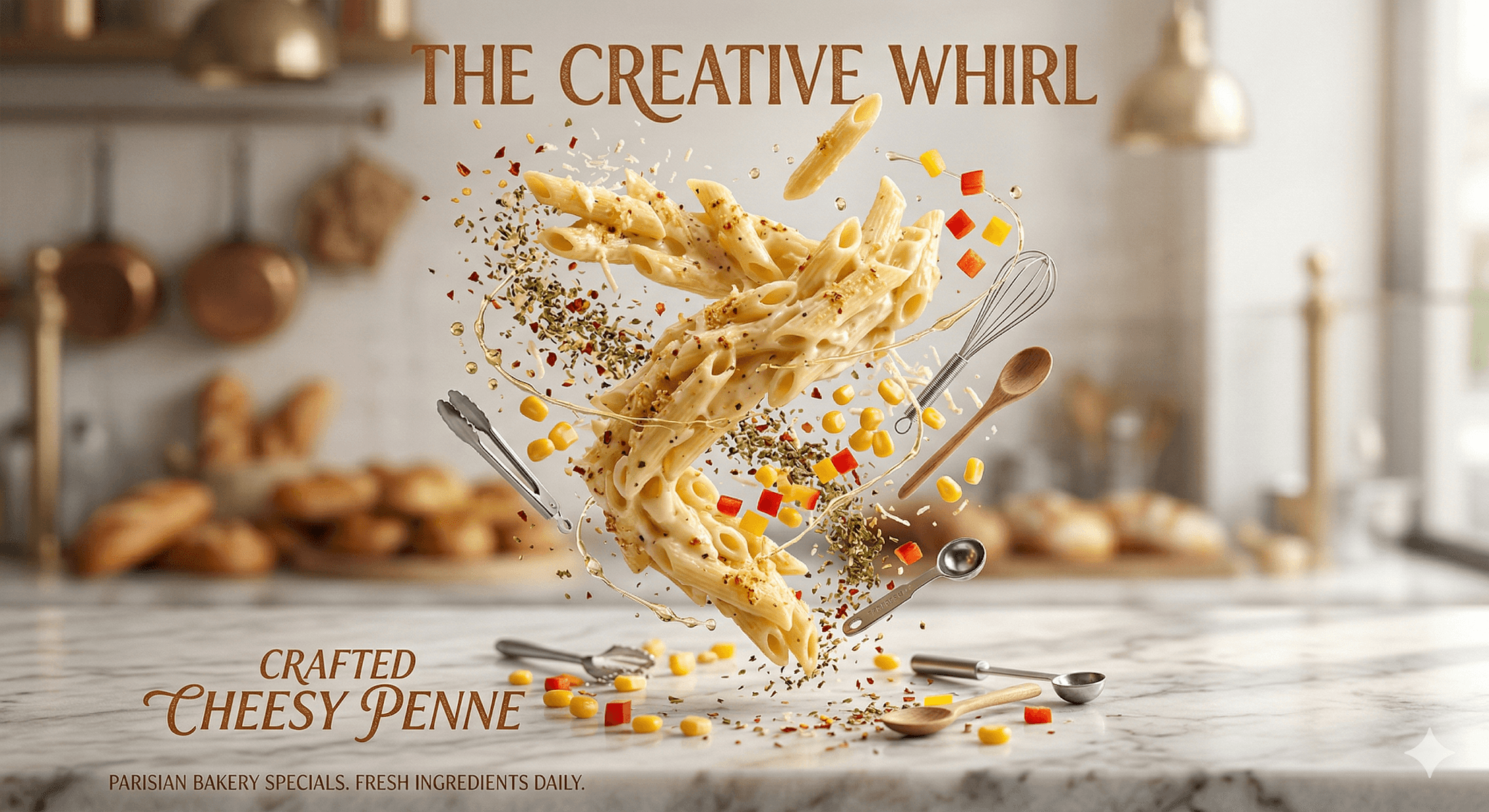 Image Creamy Cheesy Penne Pasta Swirling Mid-air Above A preview